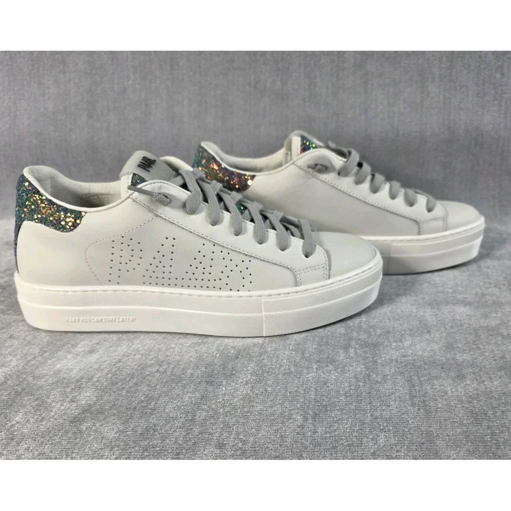P448 Thea Sneakers Women's 38 White‎ Leather Purple Glitter Multi 7.5 NIB $298